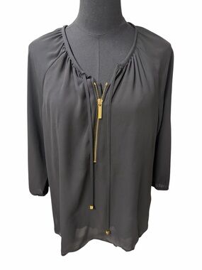 Michael Kors Black Zip Front Blouse Gold Hardware Top Size S